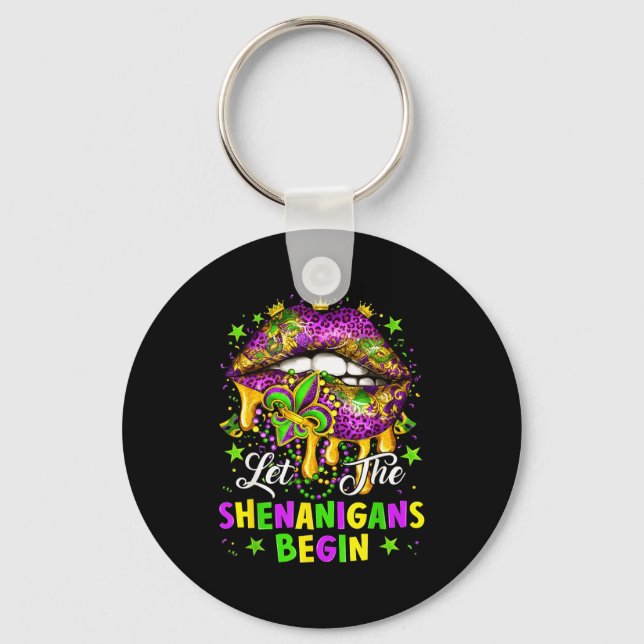 Let The Shenanigans Begin Mardi Gras Lips Girl Wom Keychain (Front)