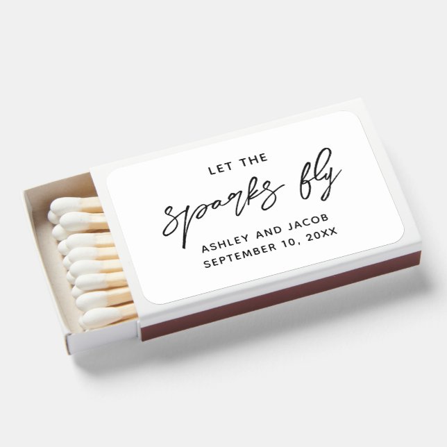 Let the sparks fly. Black and white script wedding Matchboxes (Front Open)