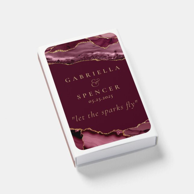 Let The Sparks Fly Burgundy Gold Agate Wedding Matchboxes (Front Closed)