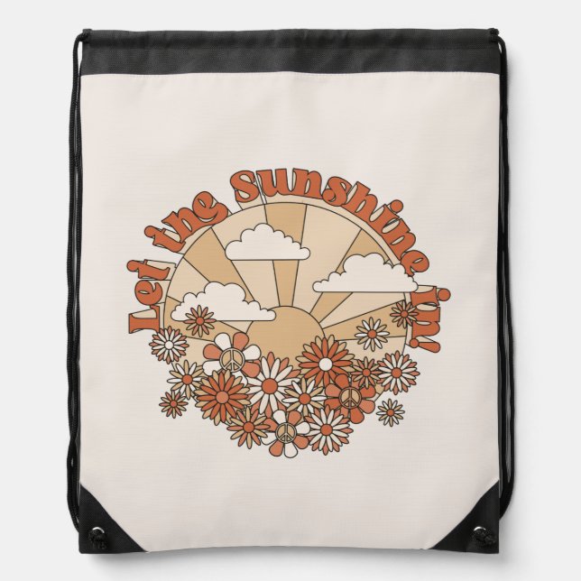 Let the Sunshine In Groovy Daisy Hippie Flowers Drawstring Bag (Front)