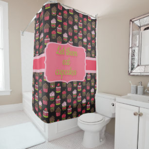 Let Them Eat Cupcakes Cute Green Pink Black Shower Curtain