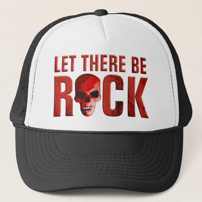 let there be rock skull red trucker hat (Front)