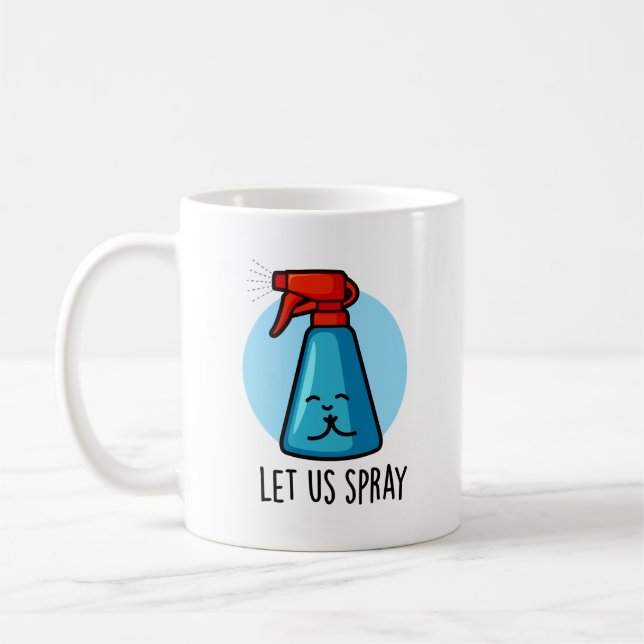Let Us Spray Funny Praying Bottle Pun  Coffee Mug (Left)