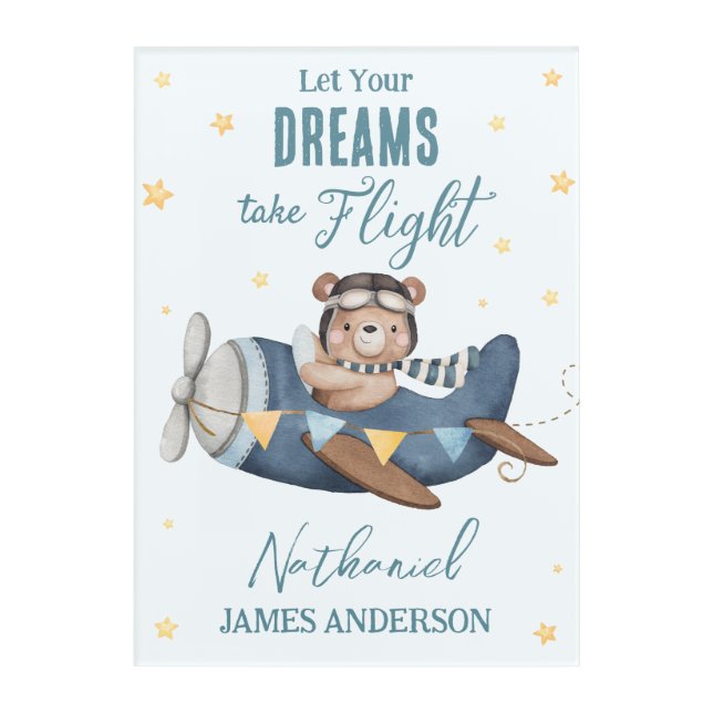 Let Your Dream Take Flight Cute Bear Blue Plane  Acrylic Print (Front)