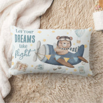 Let Your Dream Take Flight Cute Bear Blue Plane  Lumbar Pillow