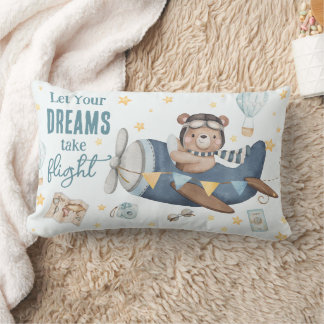 Let Your Dream Take Flight Cute Bear Blue Plane Lumbar Pillow