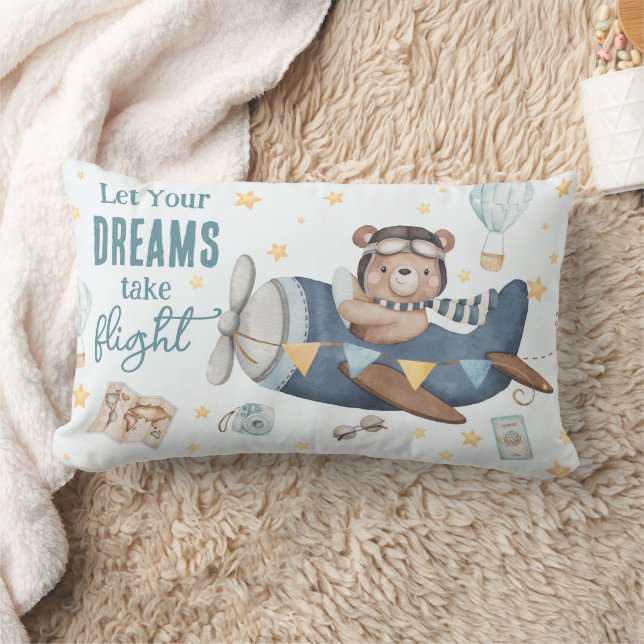 Let Your Dream Take Flight Cute Bear Blue Plane  Lumbar Pillow (Blanket)