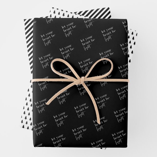 Let Your Heart Be Light Black Christmas Wrapping Paper Sheets (In situ)