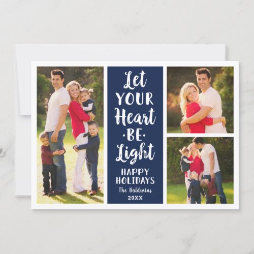 Let Your Heart Be Light Navy Modern Photo Collage Holiday Card