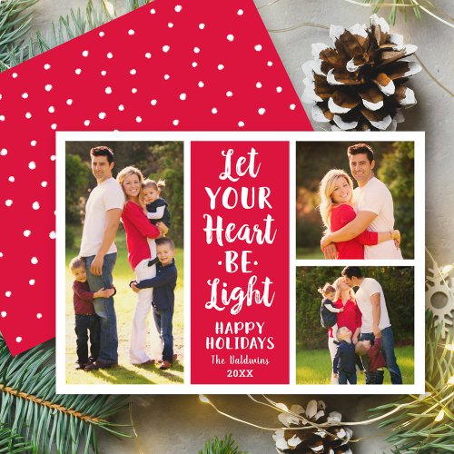 Let Your Heart Be Light Red Modern Photo Collage Holiday Card