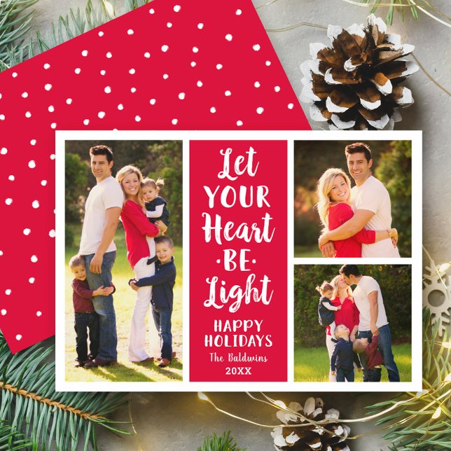 Let Your Heart Be Light Red Photo Collage Holiday Card (Creator Uploaded)