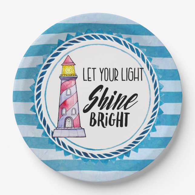 Let Your Light Shine Bright Lighthouse Typography Paper Plates (Front)