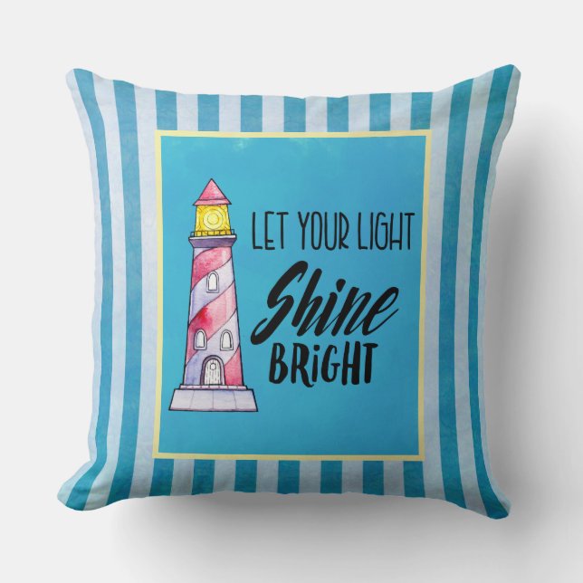 Let Your Light Shine Bright Lighthouse Typography Throw Pillow (Front)