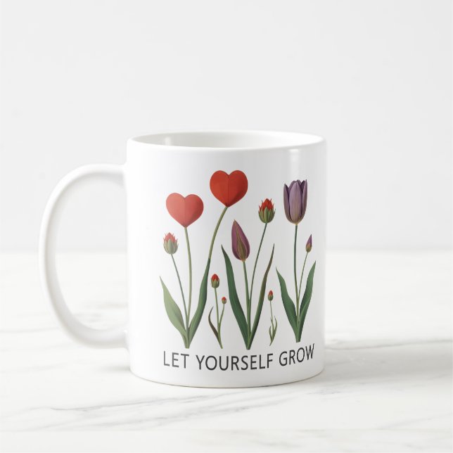 Let Yourself Grow Floral Heart Tulips Art Coffee Mug (Left)