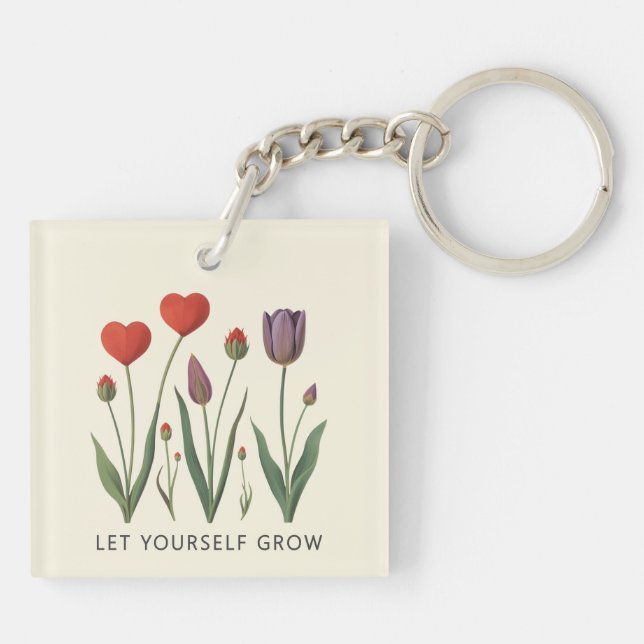 Let Yourself Grow Floral Heart Tulips Art Keychain (Back)