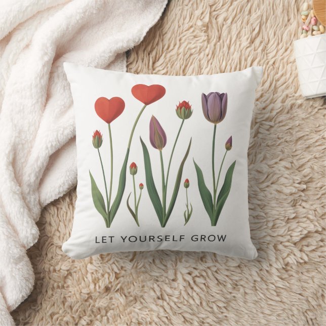 Let Yourself Grow Floral Heart Tulips Art Throw Pillow (Blanket)