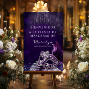 Letrero Bienvenida Mascarada Quinceañera Morado Foam Board