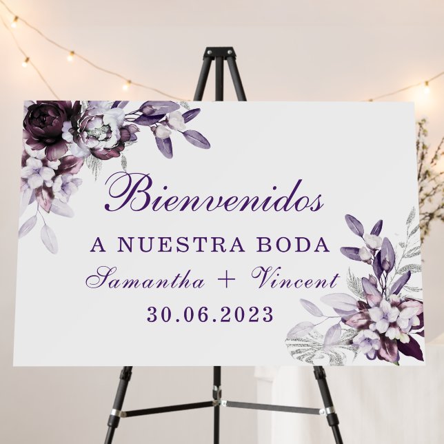 Letrero de bienvenida de Plata Púrpura y Lavanda Foam Board (In Situ (Stand))