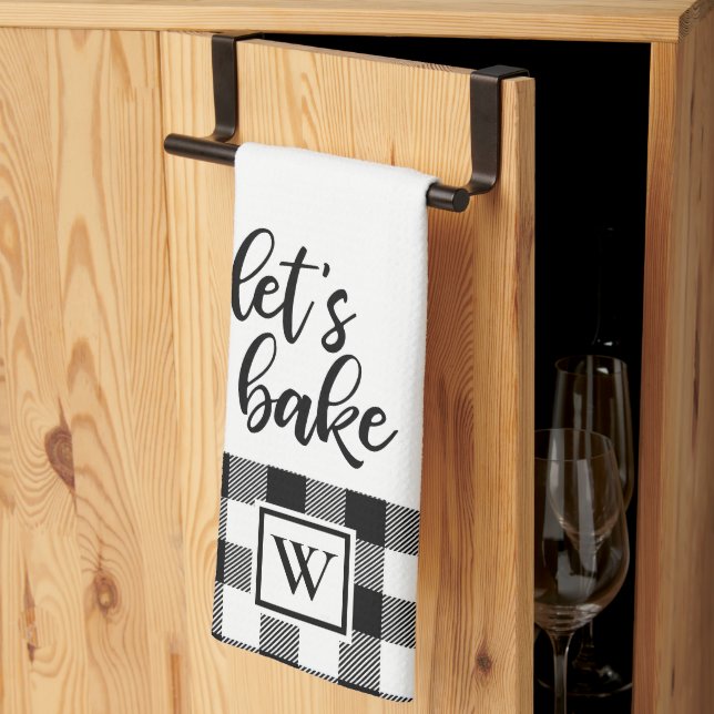 Let's Bake Buffalo Plaid Monogram Black White Kitchen Towel (Thirds Fold)