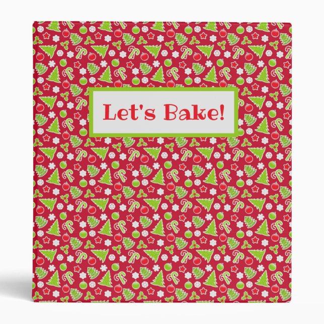 Let's Bake! Green Trees on Red Christmas Recipe  3 Ring Binder (Front)