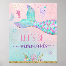 Let&#39;s Be Mermaids Pink Gold Under The Sea Birthday Poster