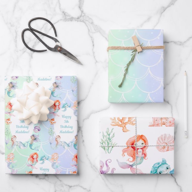 Let's Be Mermaids Together Mermaid Party Birthday Wrapping Paper Sheets (Front)