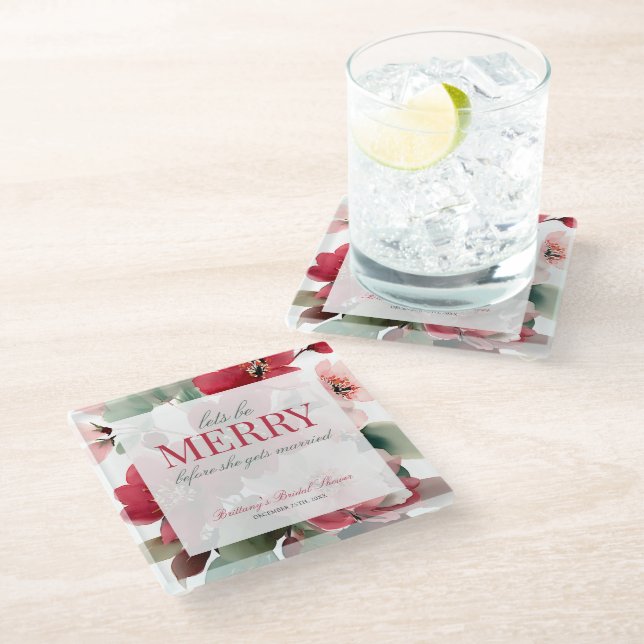 Let's Be Merry Christmas Bridal Shower Glass Coaster (Angled)