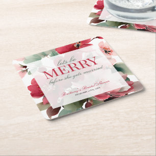 Let's Be Merry Christmas Bridal Shower Square Paper Coaster