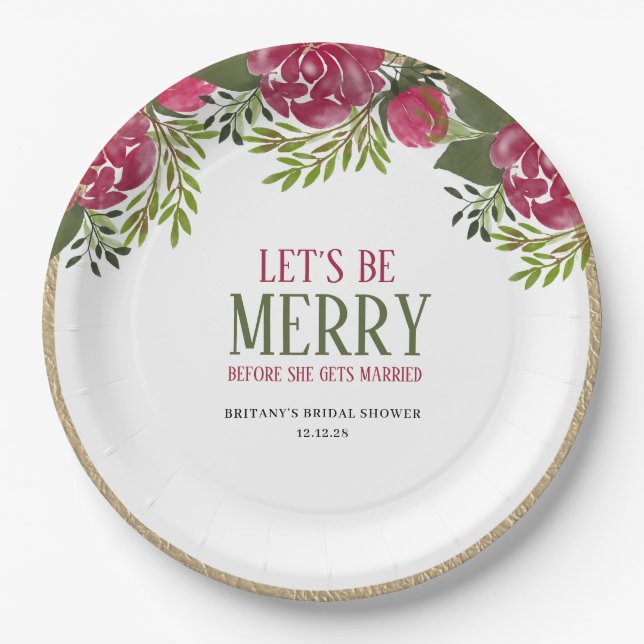 Let's Be Merry Christmas Floral Bridal Shower  Paper Plates (Front)