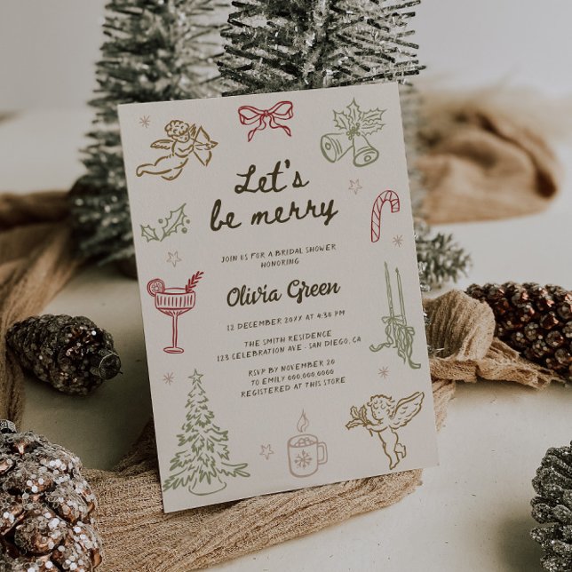 Let's be merry Hand Drawn Christmas Bridal Shower Invitation (Creator Uploaded)