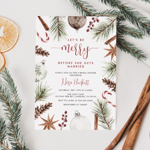 Lets Be Merry Rustic Christmas Bridal Shower Invitation