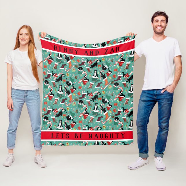 Let's Be Naughty Personalized Christmas Cat  Fleece Blanket (In Situ)