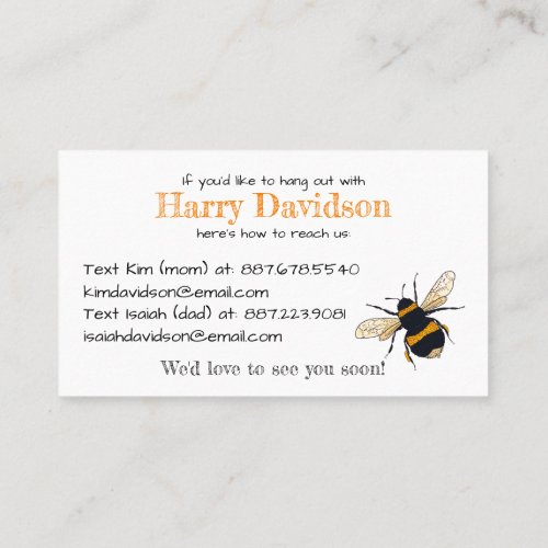 Lets Bee Friends Play Date Contact Calling Card