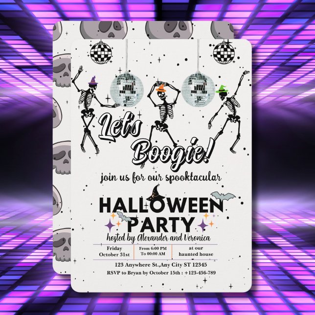 Let's Boogie Skeletons Dance Disco Halloween Party Invitation (Creator Uploaded)