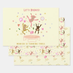 Let's bounce jumping monkeys kids birthday wrapping paper sheets