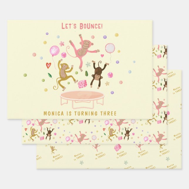 Let's bounce jumping monkeys kids birthday wrapping paper sheets (Set)