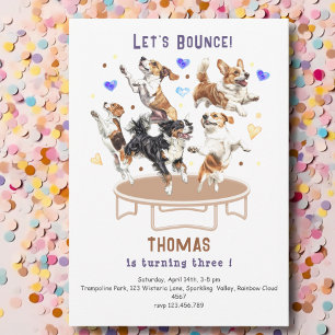 Let's bounce jumping trampoline park dogs birthday invitation
