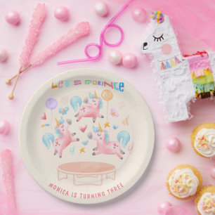 Let's bounce jumping unicorns kids birthday paper plates