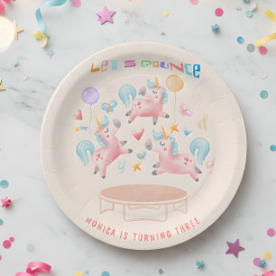 Let's bounce jumping unicorns kids birthday paper plates