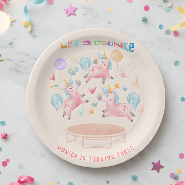 Let's bounce jumping unicorns kids birthday paper plates (Creator Uploaded)
