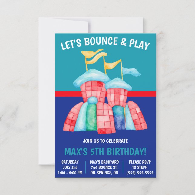 Let's Bounce & Play! Bouncy Castle Birthday Party Invitation (Front)