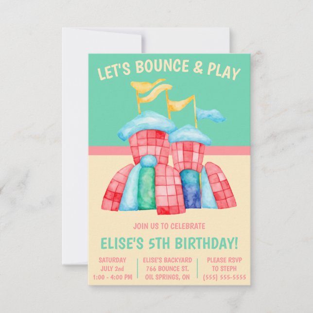 Let's Bounce & Play! Bouncy Castle Birthday Party Invitation (Front)