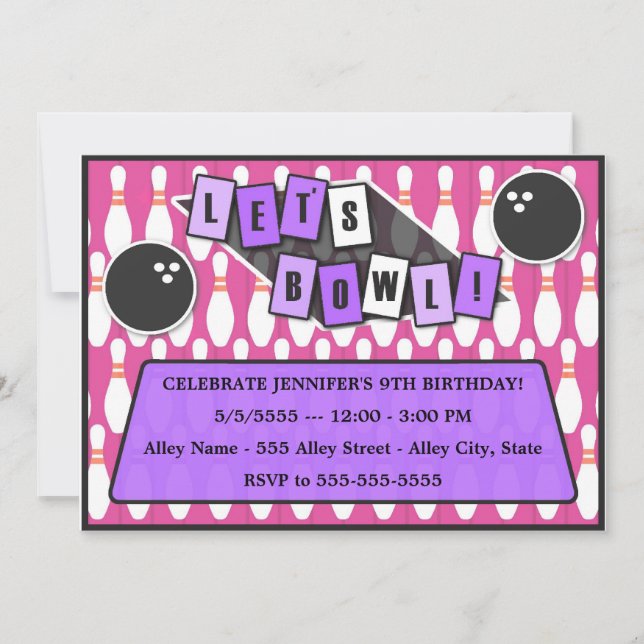 Let's Bowl Bowling Party Birthday Invitation pink (Front)