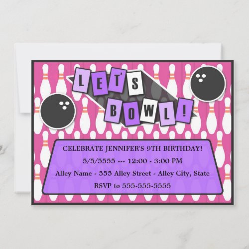Let's Bowl Bowling Party Birthday Invitation pink