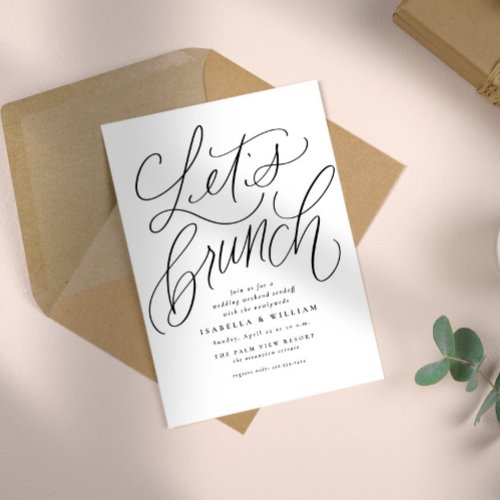 Let's brunch handlettered black and white wedding invitation