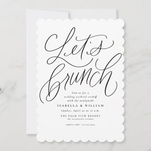 Lets brunch handlettered black and white wedding invitation