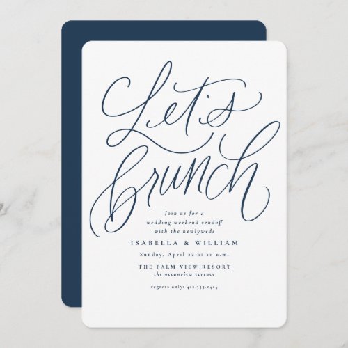 Lets brunch handlettered navy white wedding invitation