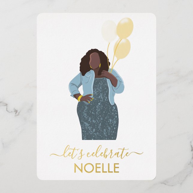 Let's Celebrate Birthday! Black Woman w/Balloons Foil Invitation (Front)