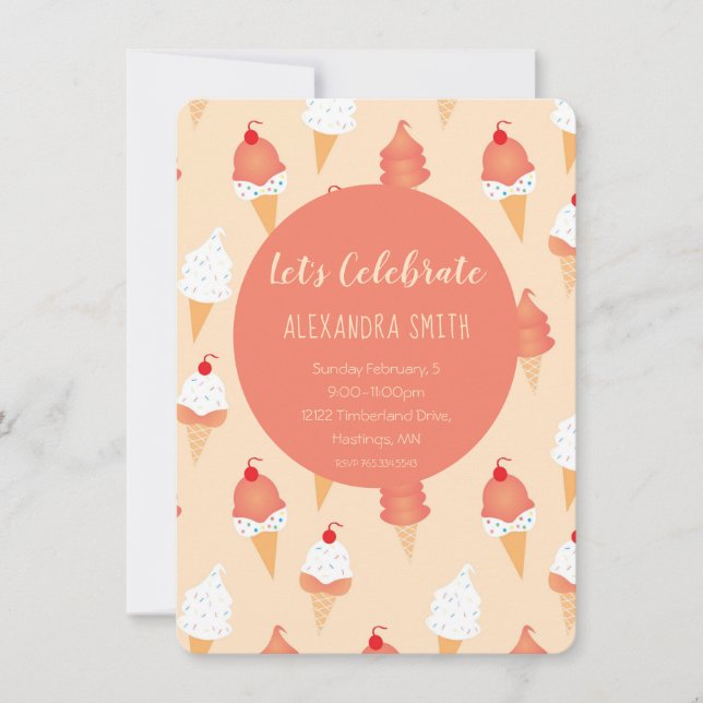 Lets Celebrate Birthday Ice Cream Cone Pattern Invitation (Front)