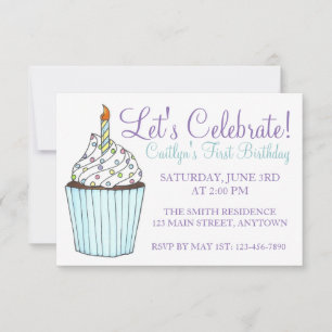 Let's Celebrate Birthday Party Blue Cupcake Cake Invitation